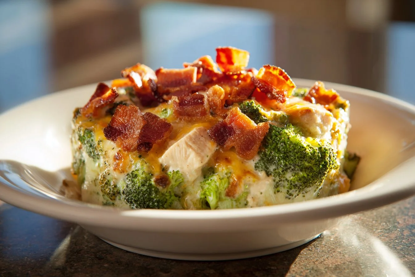 Low Carb Chicken Casserole with vegetables and cheese in a baking dish