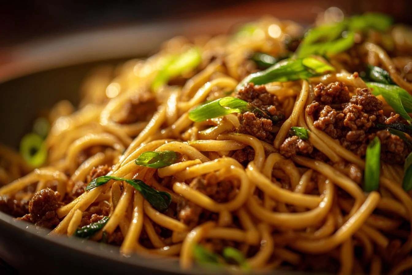 Mongolian ground beef noodles served in a bowl with colorful vegetables.