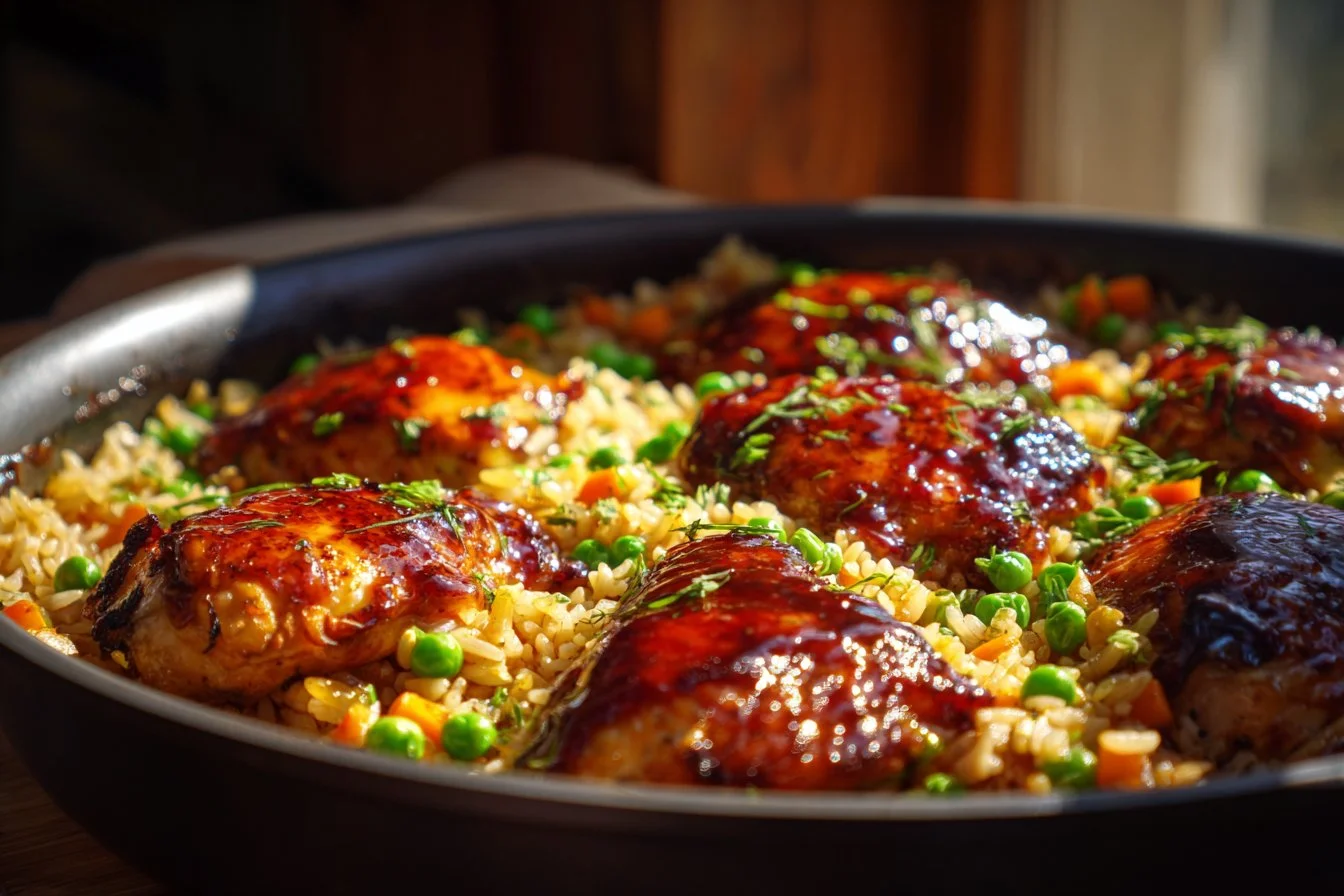 One-Pan Honey BBQ Chicken Rice with honey glaze and vegetables