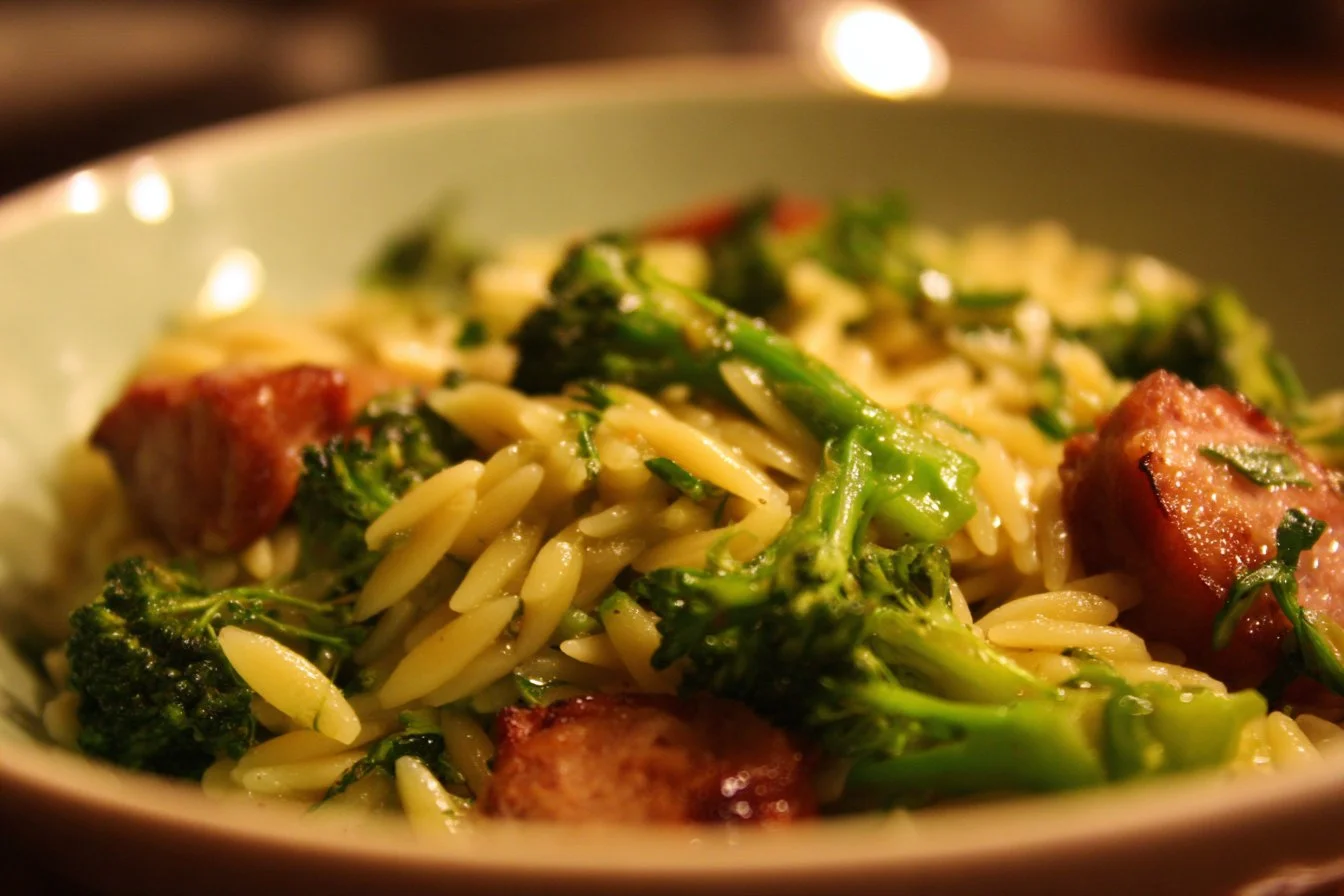 Orzo with Chicken Sausage and Broccoli served in a bowl