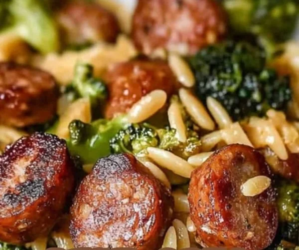 One Pan Creamy Orzo with Chicken Sausage and Broccoli