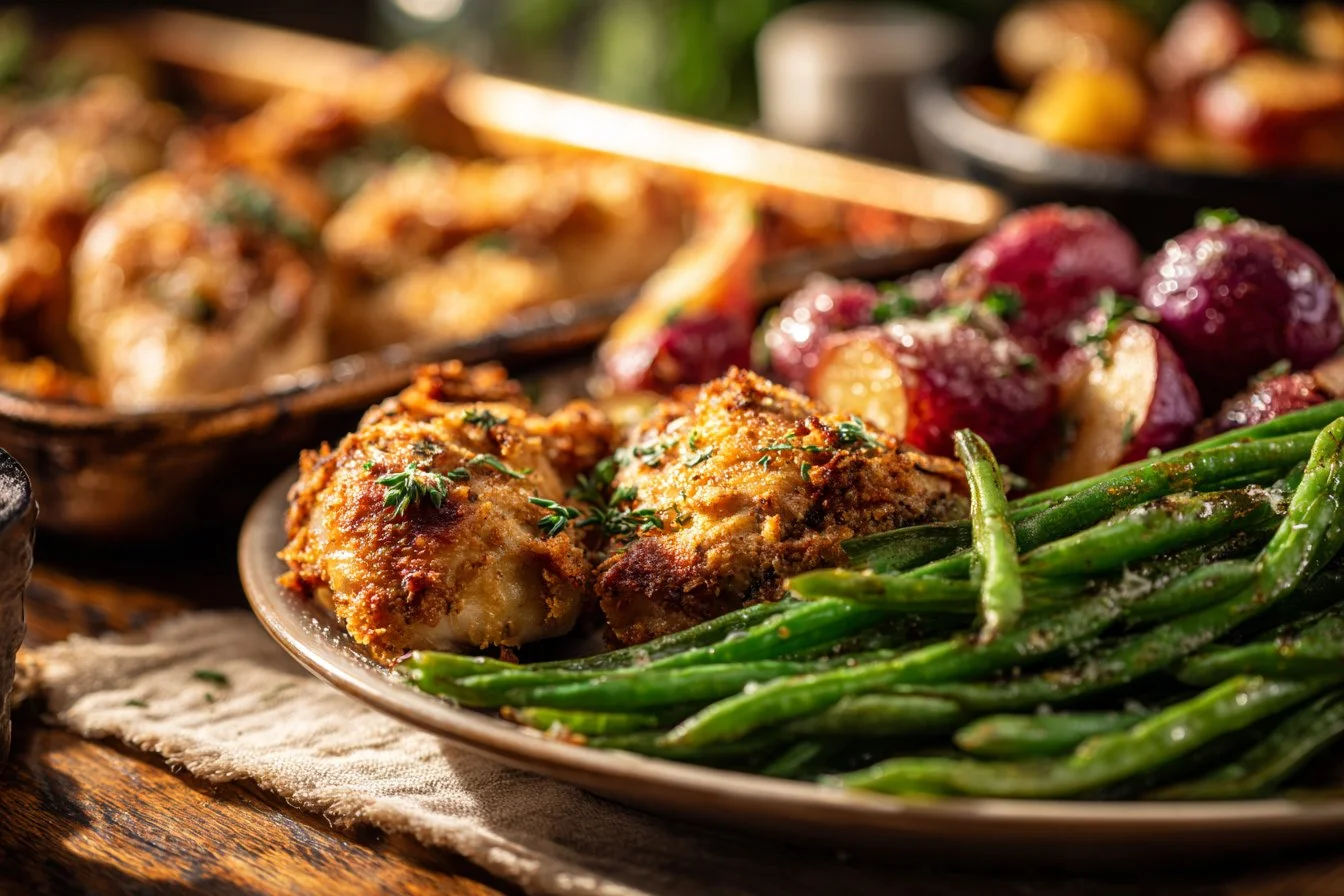 Parmesan crusted chicken sheet pan dinner with vegetables