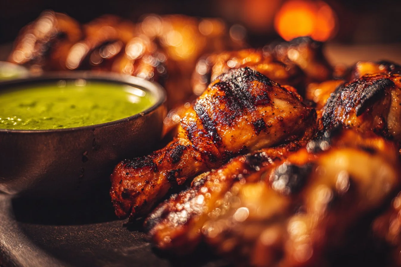 Delicious Peruvian grilled chicken served with vibrant sides and fresh herbs
