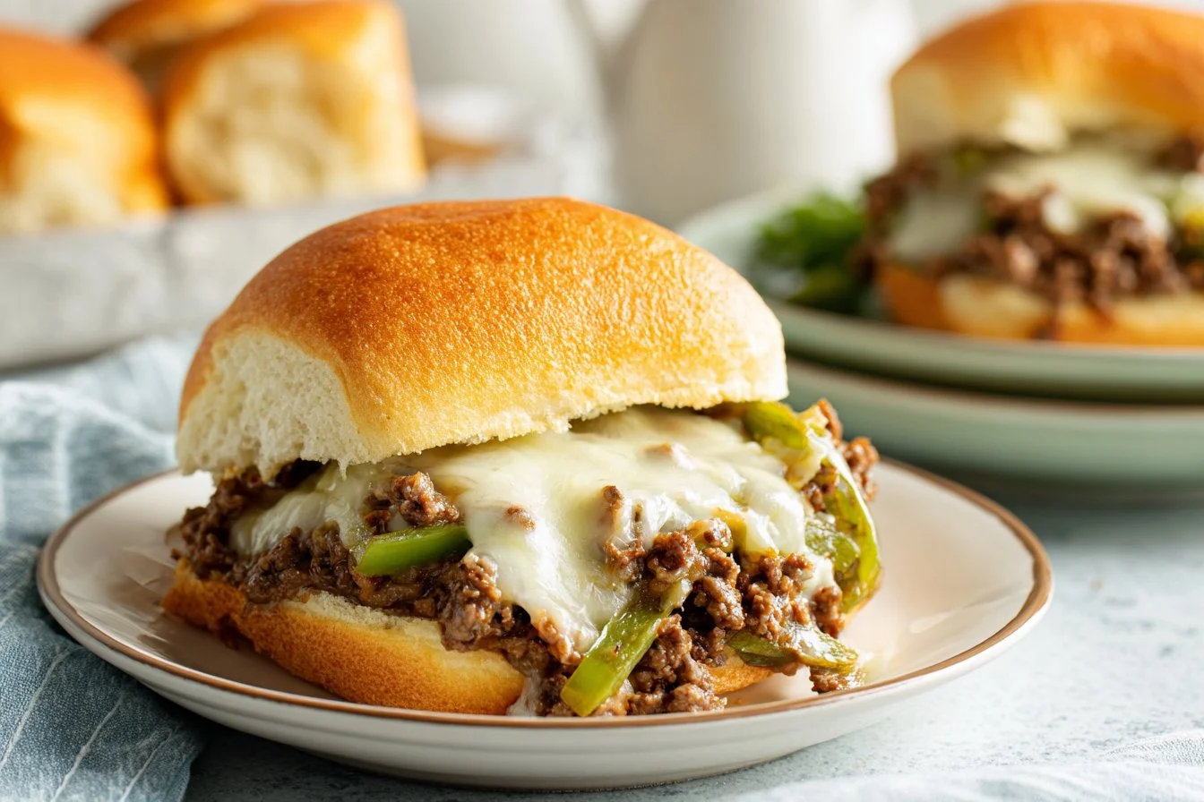 Philly Cheesesteak Sloppy Joes served on a plate with toppings