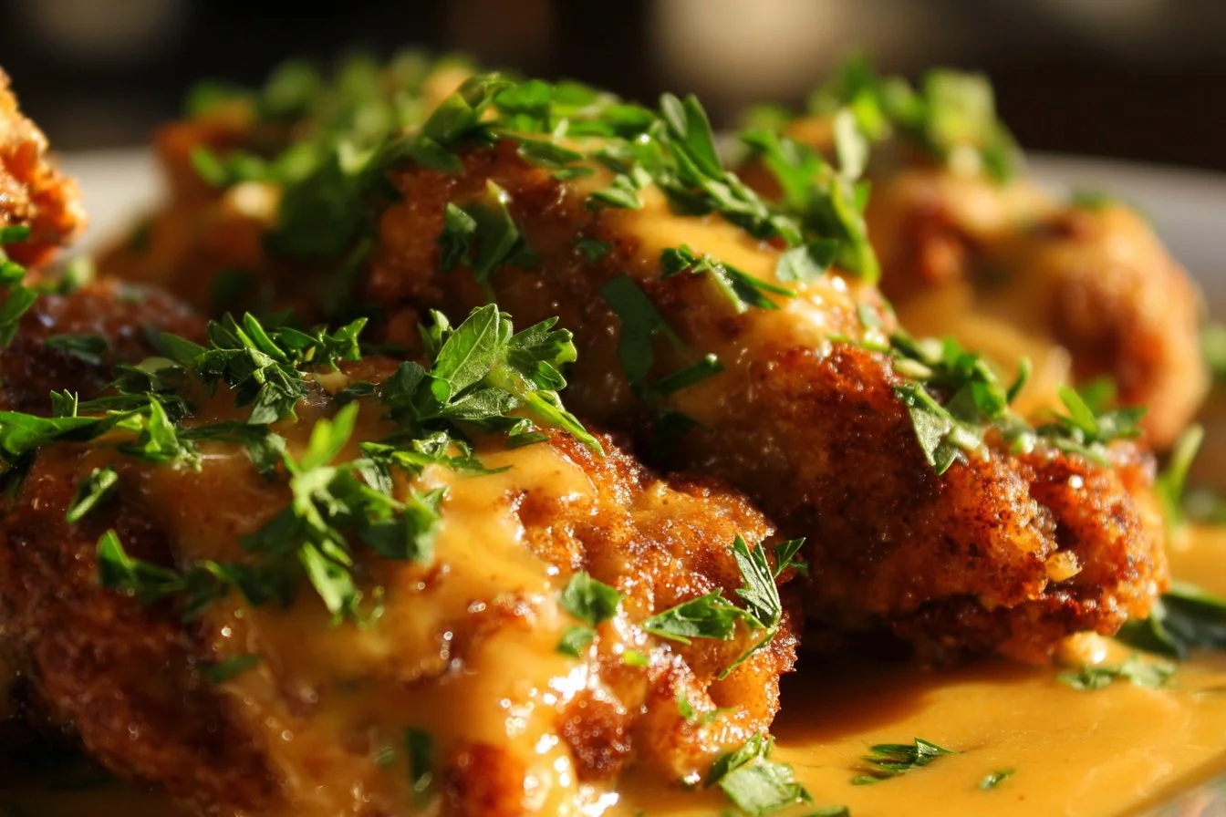 Crispy Pretzel Chicken served with dipping sauce and fresh herbs