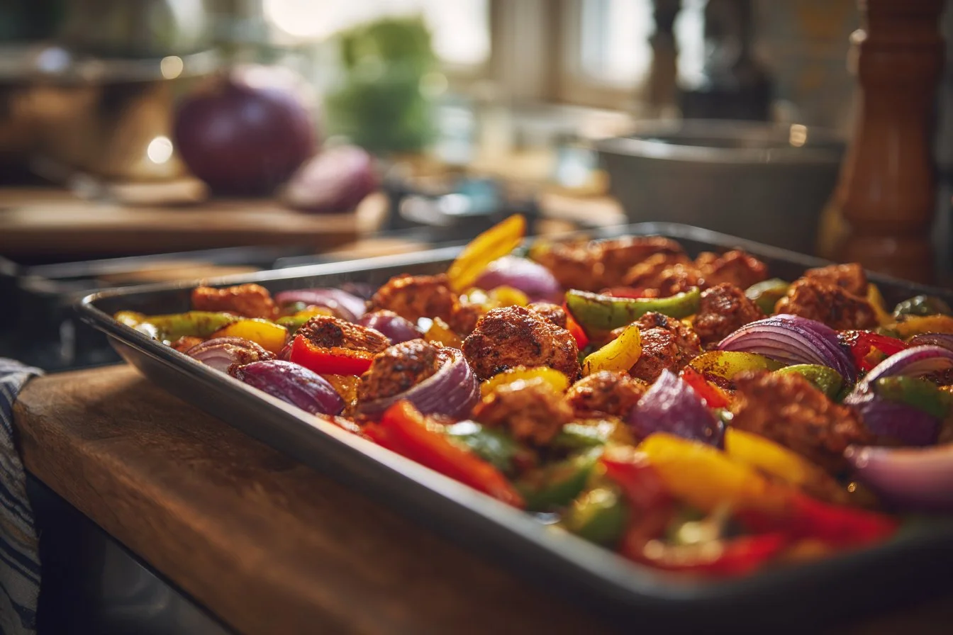 Delicious sheet pan chicken fajitas with peppers and onions