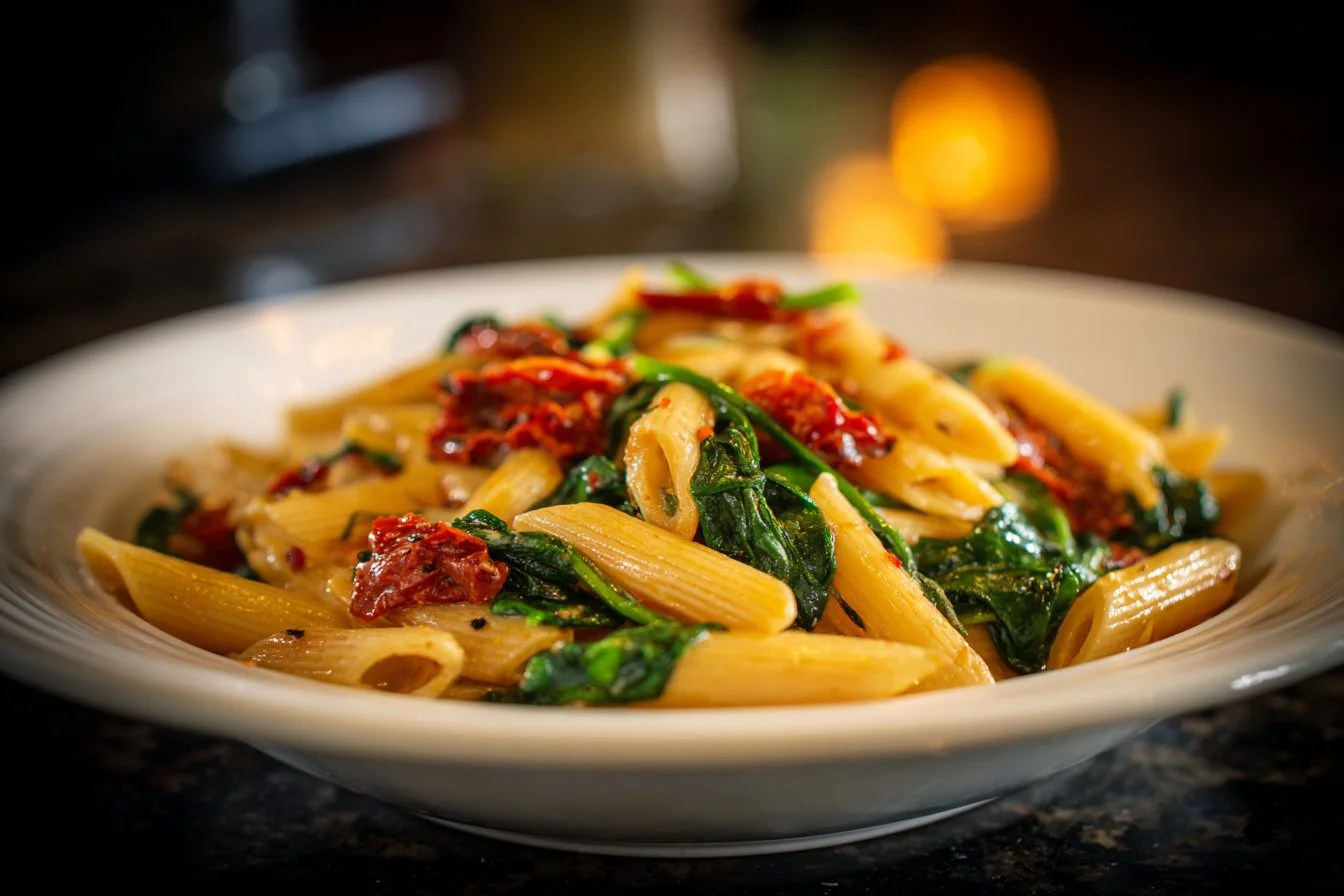 Bowls of tasty spinach tomato pasta garnished with fresh basil and parmesan