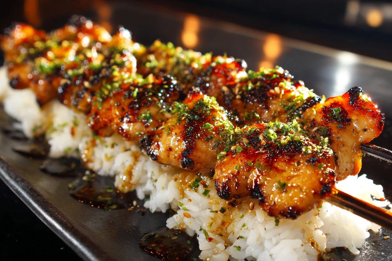 Juicy teriyaki chicken skewers garnished with sesame seeds and green onions