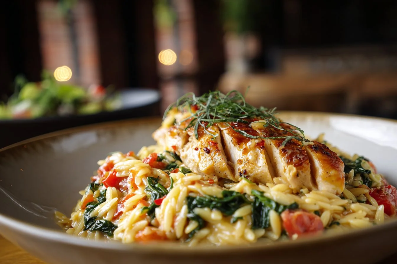 Tuscan Chicken with Parmesan Orzo dish garnished with herbs