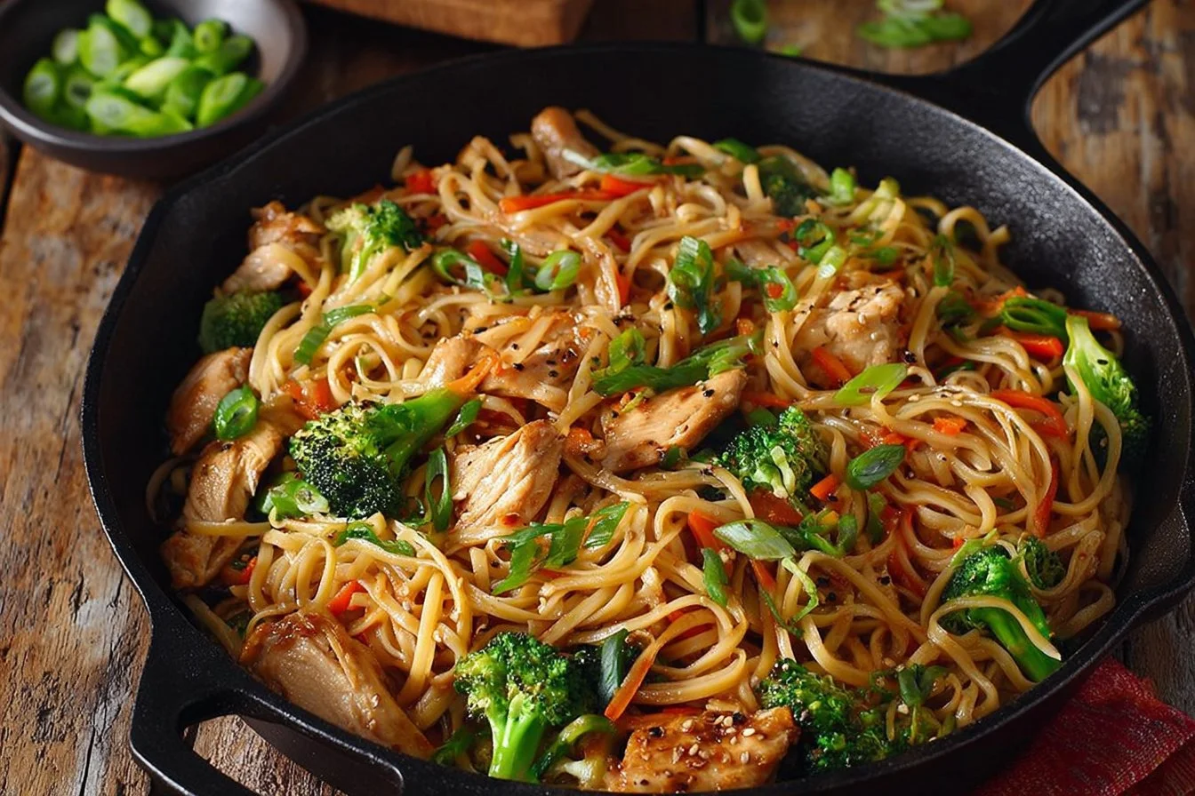 Colorful chicken stir fry noodles cooked quickly for a delicious meal.