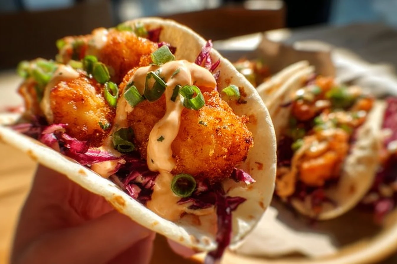 Delicious Air Fryer Bang Bang Shrimp Tacos served with fresh toppings