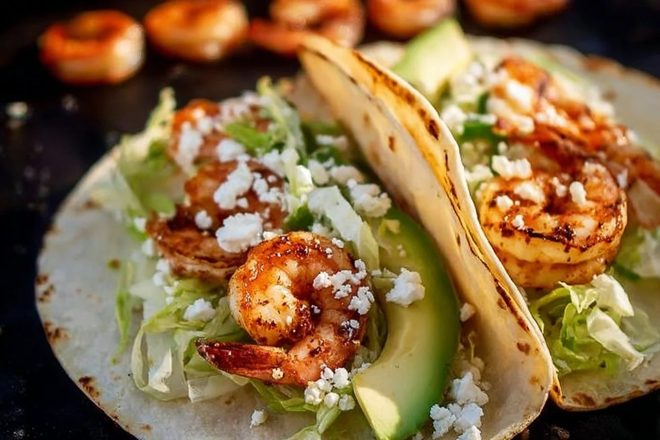 Delicious air fryer shrimp tacos served with toppings in a colorful presentation