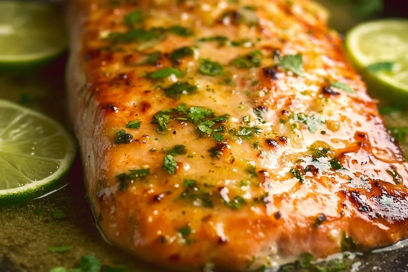 Baked honey cilantro lime salmon in foil served on a plate with fresh herbs.
