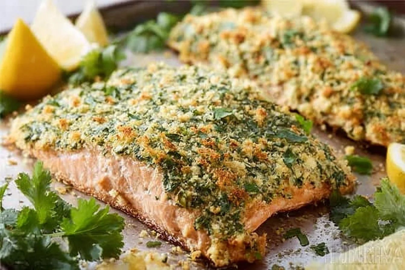 Baked Lemon Herb Parmesan Crusted Salmon on a plate with lemon garnish