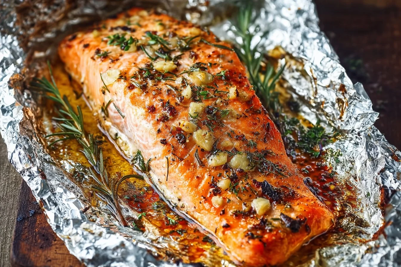 Baked Salmon in Foil with Garlic, Rosemary and Thyme