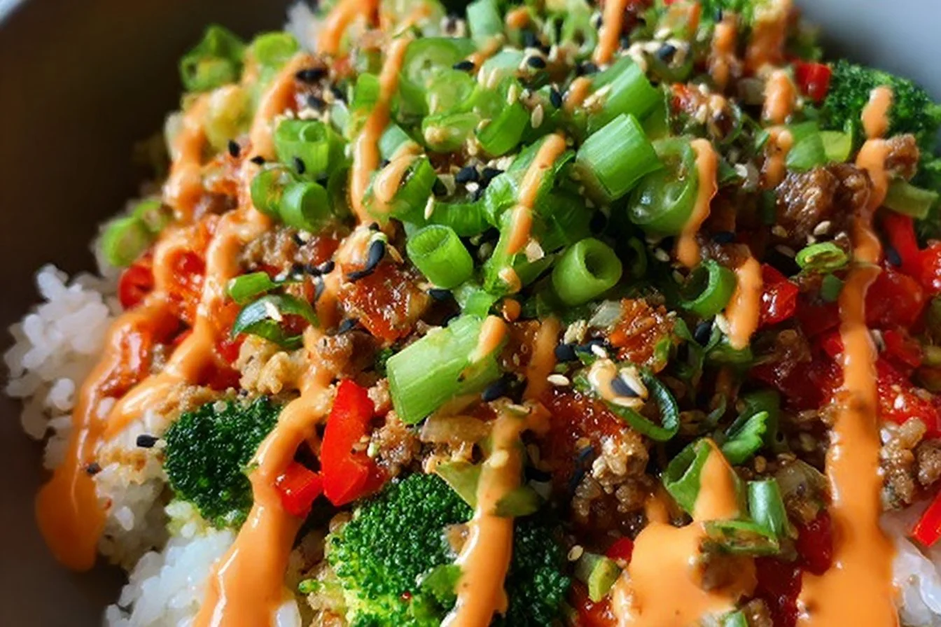 Delicious Bang Bang Ground Turkey Rice Bowls ready to serve