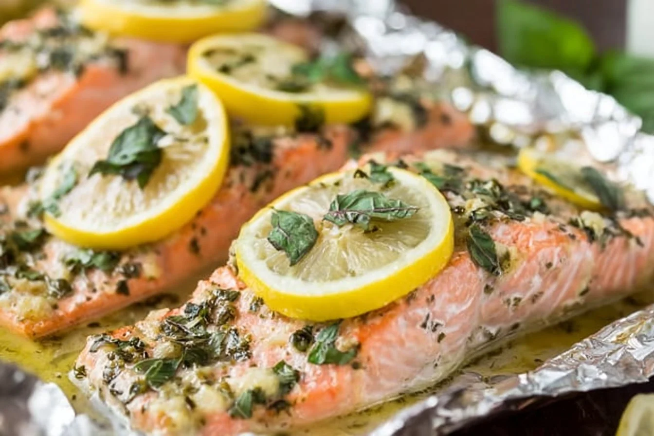 Plate of Basil Lemon Salmon garnished with fresh herbs and lemon slices