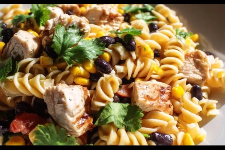 A vibrant bowl of BBQ Chicken Pasta Salad with colorful vegetables and chicken.