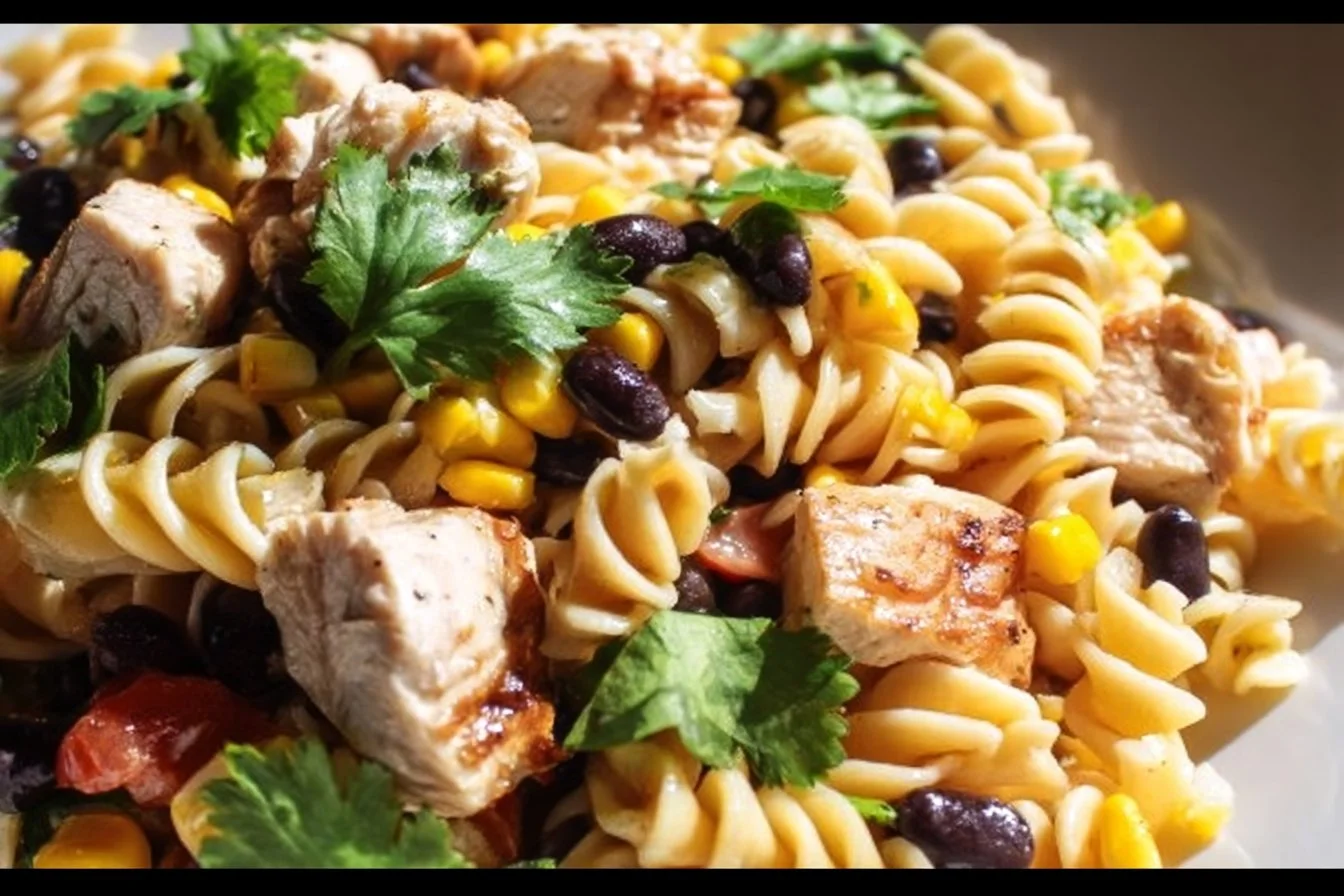 A vibrant bowl of BBQ Chicken Pasta Salad with colorful vegetables and chicken.