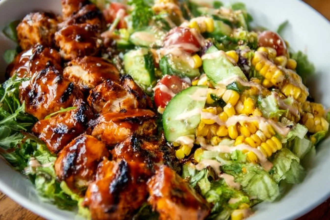 Delicious BBQ Chicken Skewer Salad featuring grilled chicken and fresh vegetables.