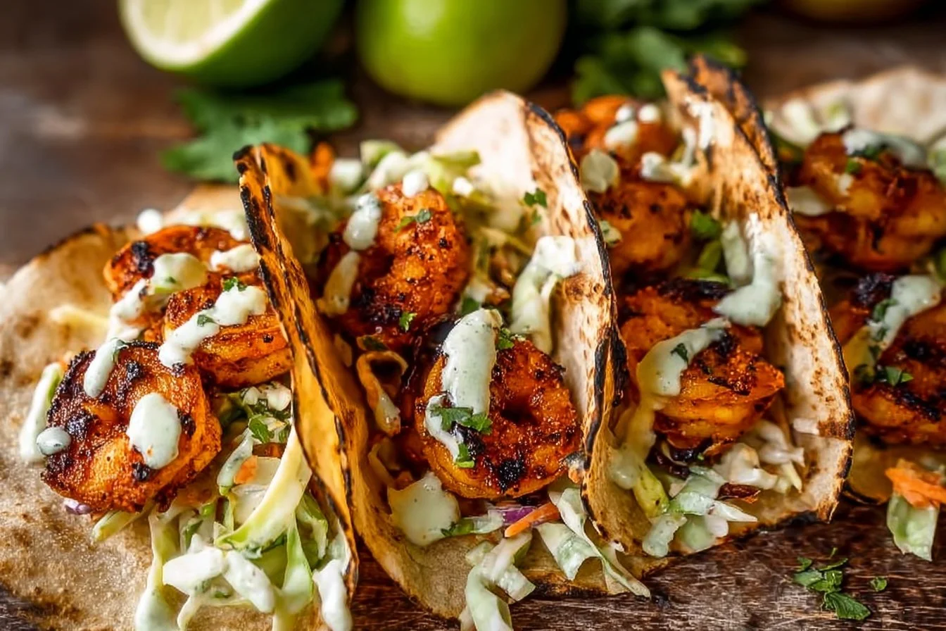 Delicious shrimp tacos topped with fresh ingredients and served on a vibrant plate.