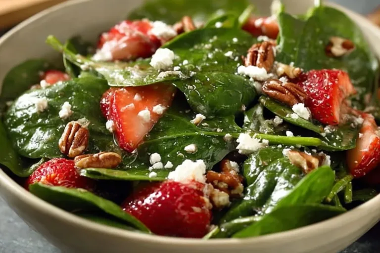 Delicious strawberry spinach salad with fresh strawberries, spinach, and dressing