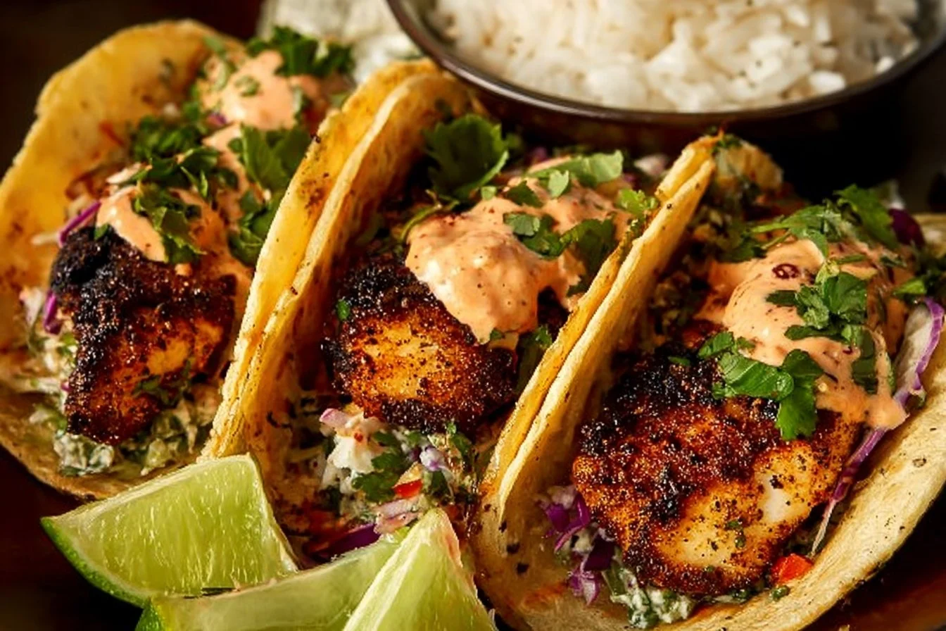 Delicious blackened fish tacos topped with fresh ingredients