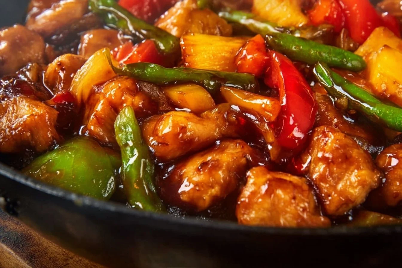 Chicken and green bean stir fry in a colorful bowl, ready to serve