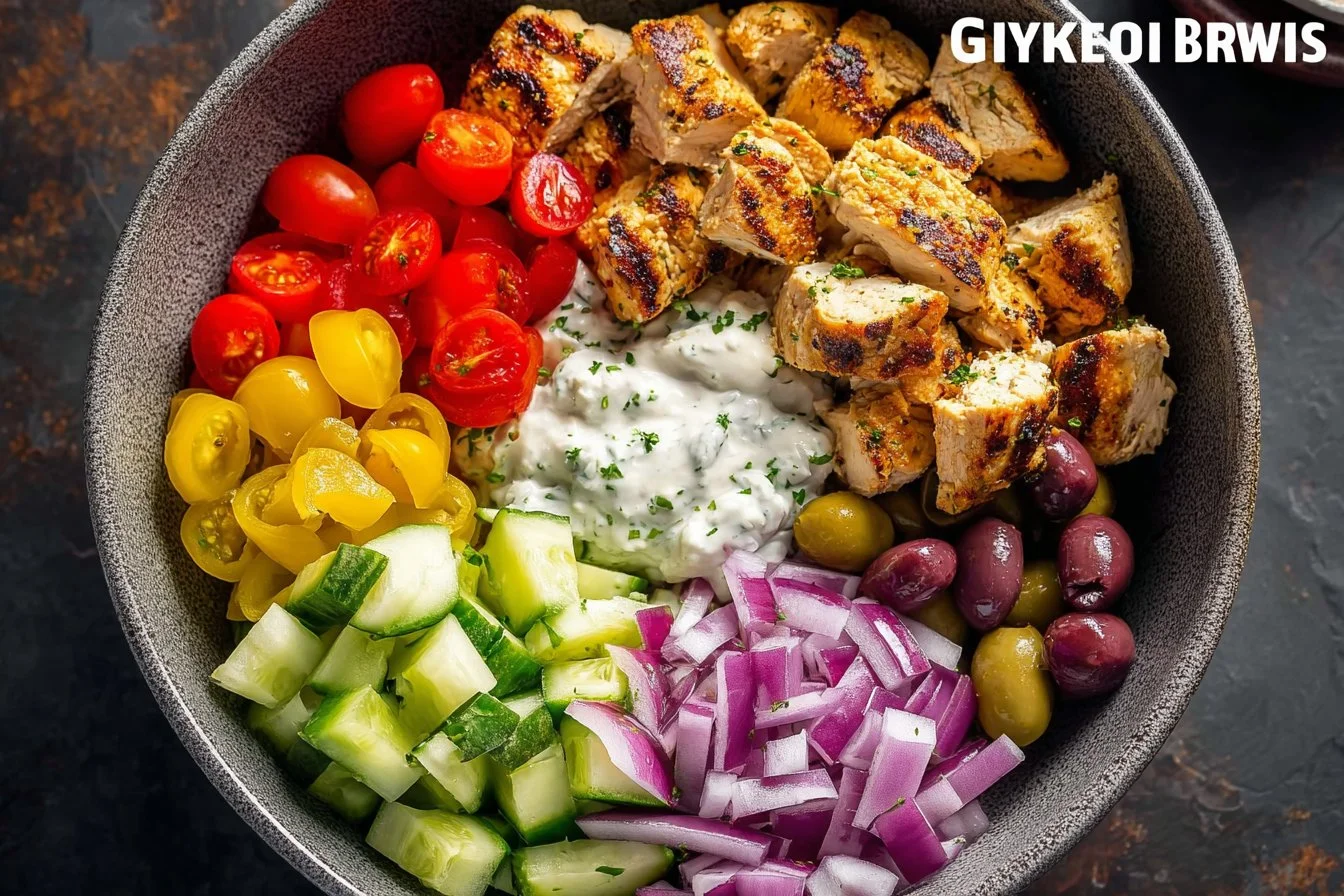 Tasty Chicken Gyro Bowl with grilled chicken, vegetables, and tzatziki sauce