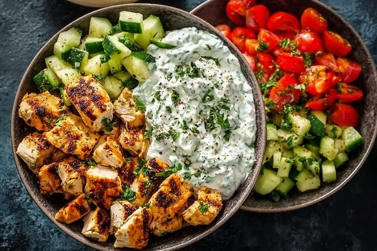 Delicious Chicken Tzatziki bowl with fresh vegetables and tzatziki sauce.