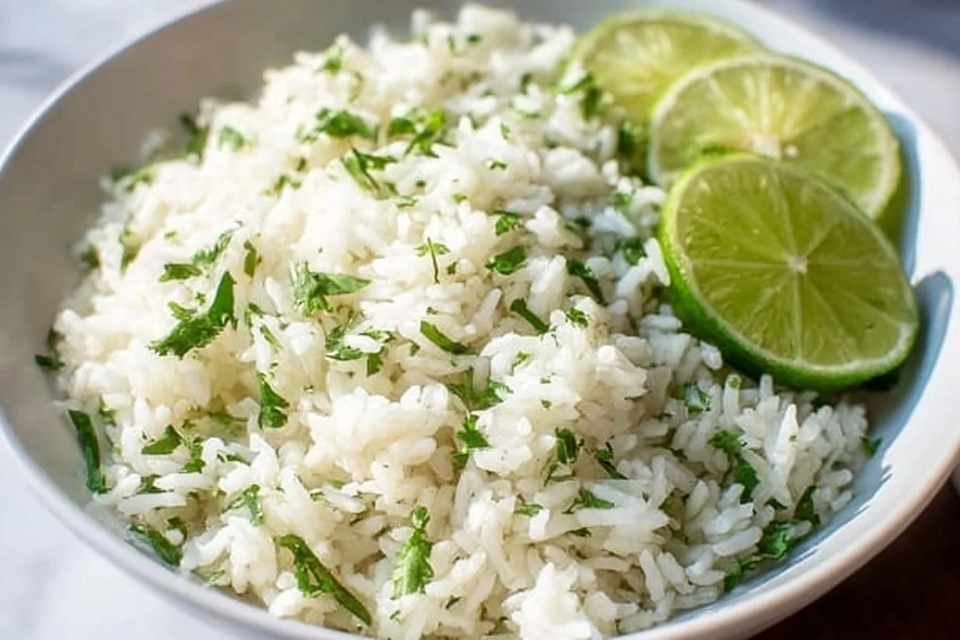 Delicious cilantro lime rice served in a bowl with fresh herbs.