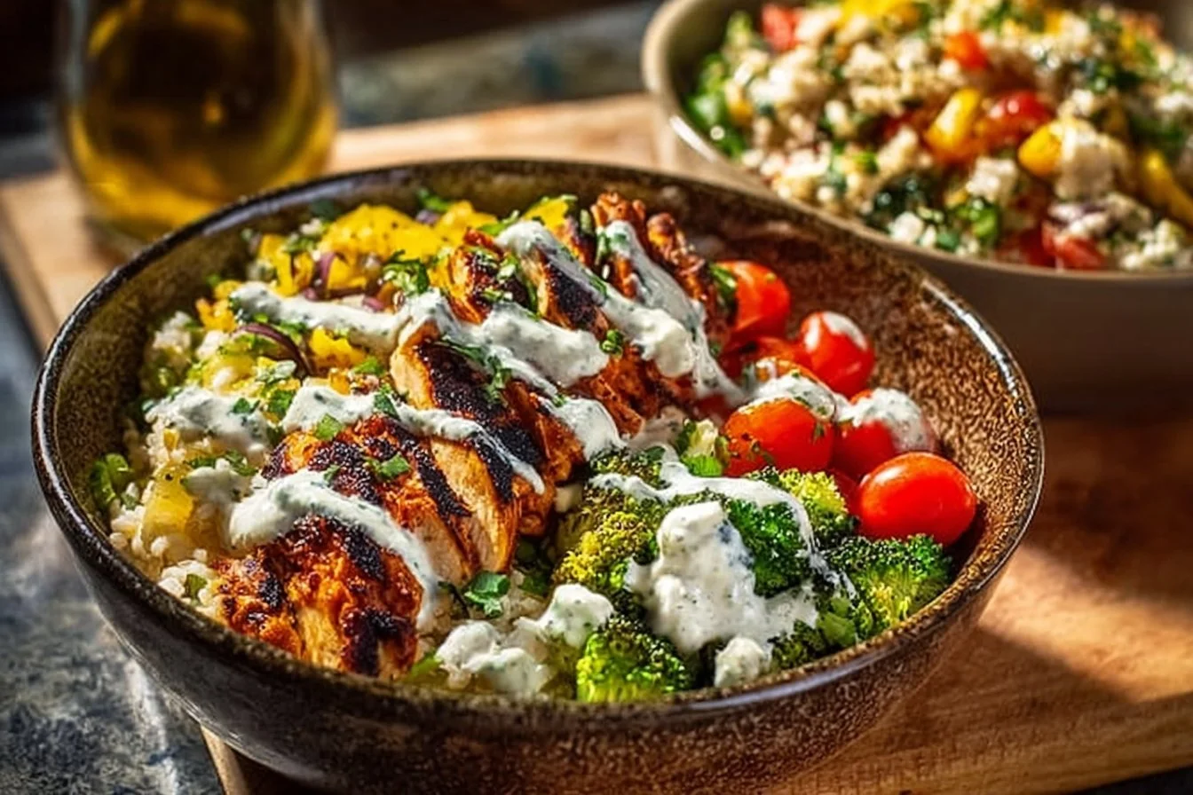 Creamy chicken bowls topped with feta sauce, garnished with fresh herbs.