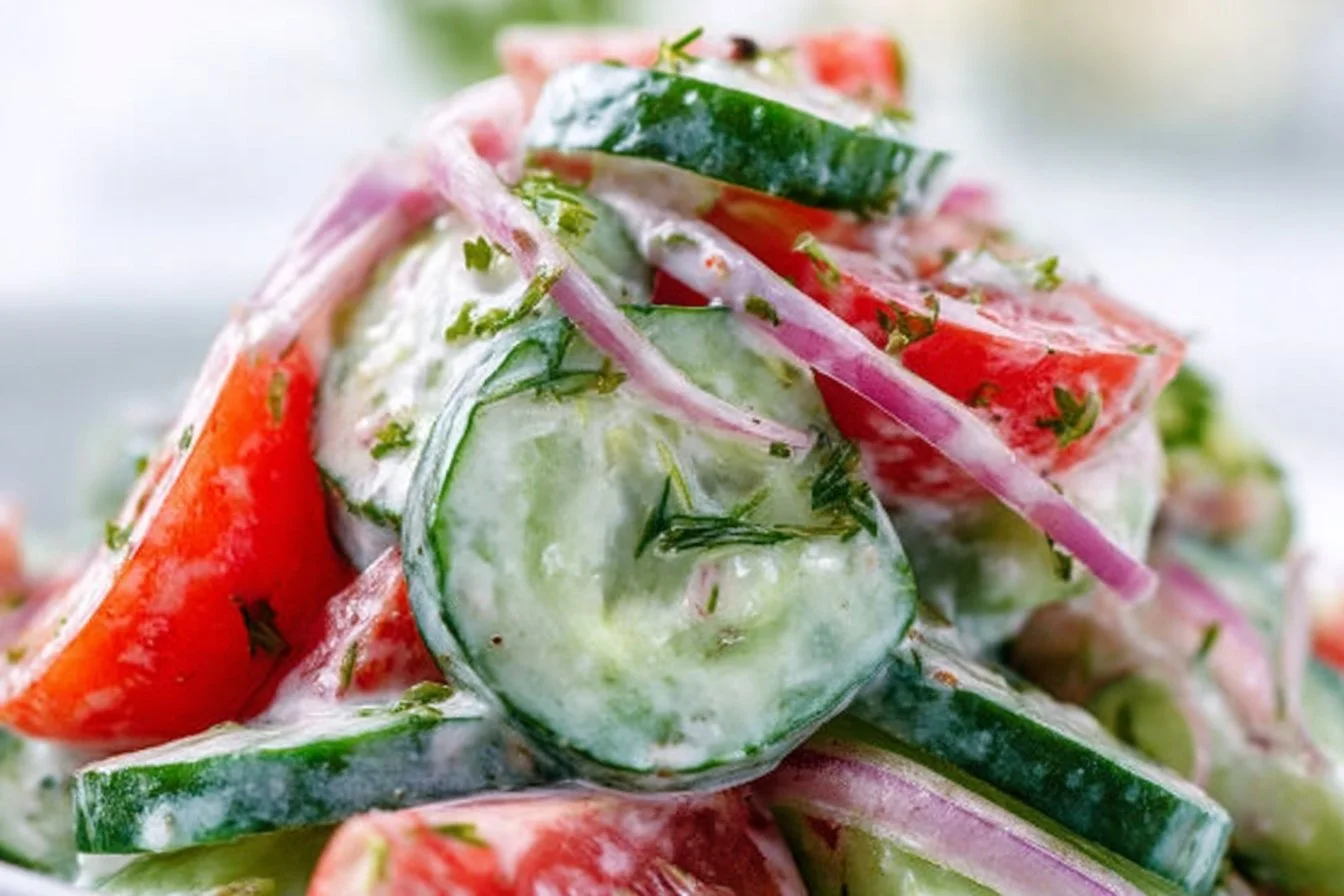 Creamy Cucumber Tomato Salad with fresh ingredients
