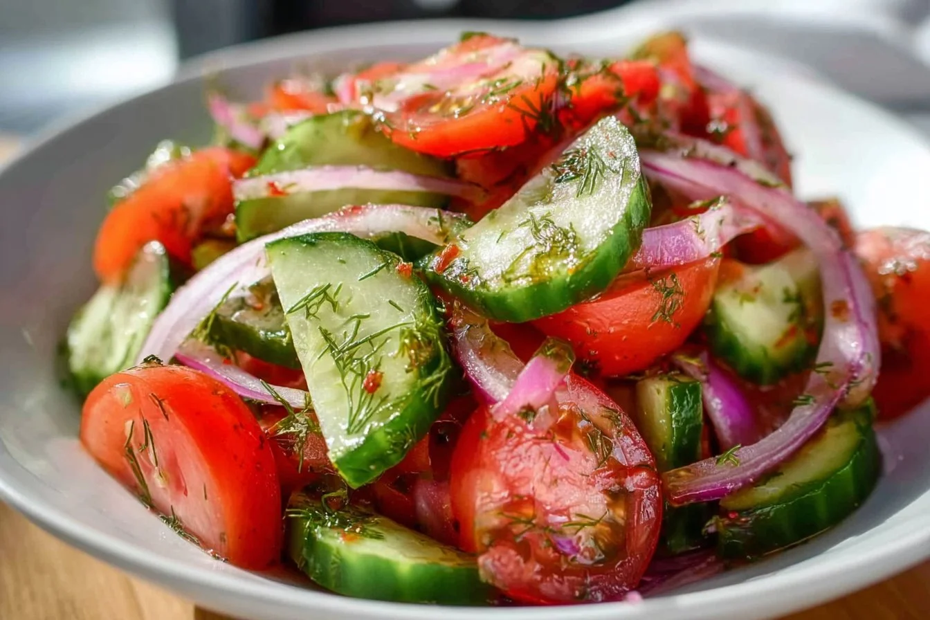 Cucumber Tomato Salad with Dill Vinaigrette served in a bowl