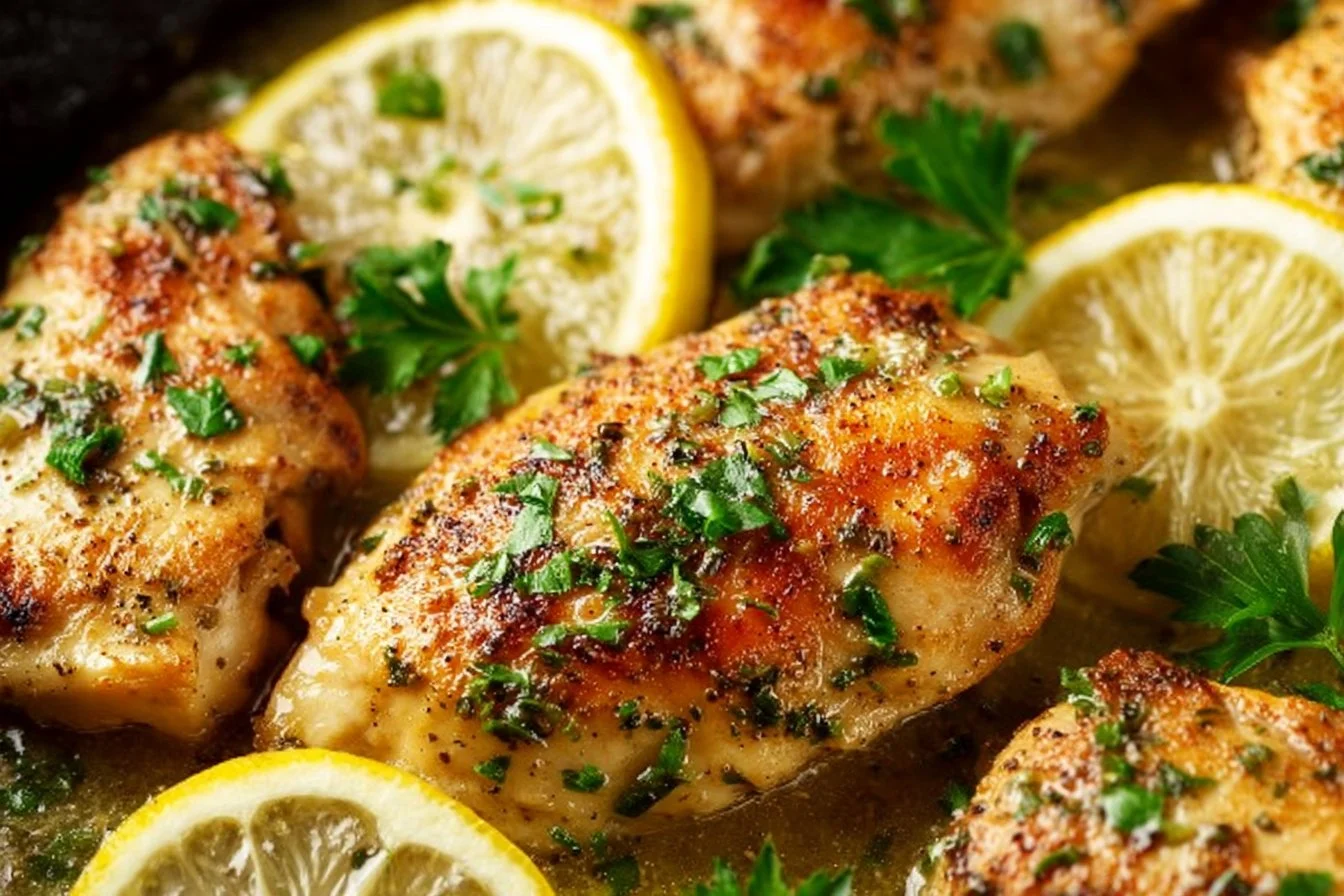 Delicious easy lemon chicken dish served with fresh herbs and lemon slices