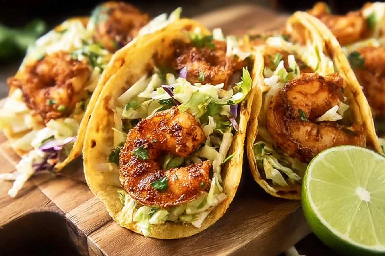 Easy shrimp tacos with cabbage slaw on a plate