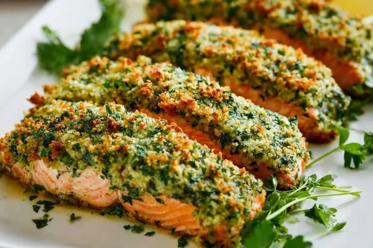 Garlic pesto crusted salmon garnished with fresh herbs and served on a plate