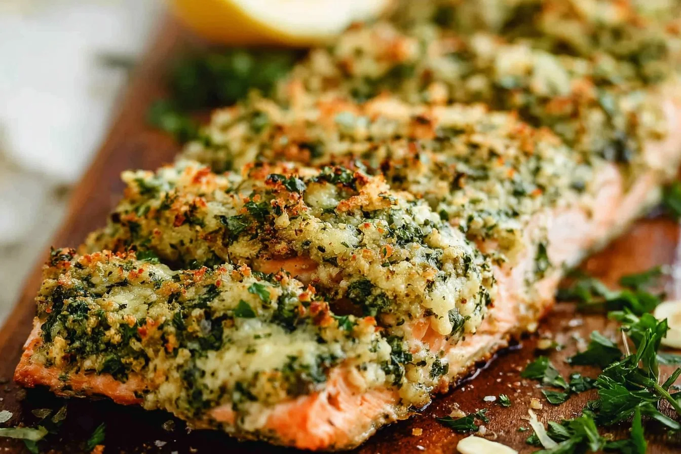 Garlic pesto crusted salmon