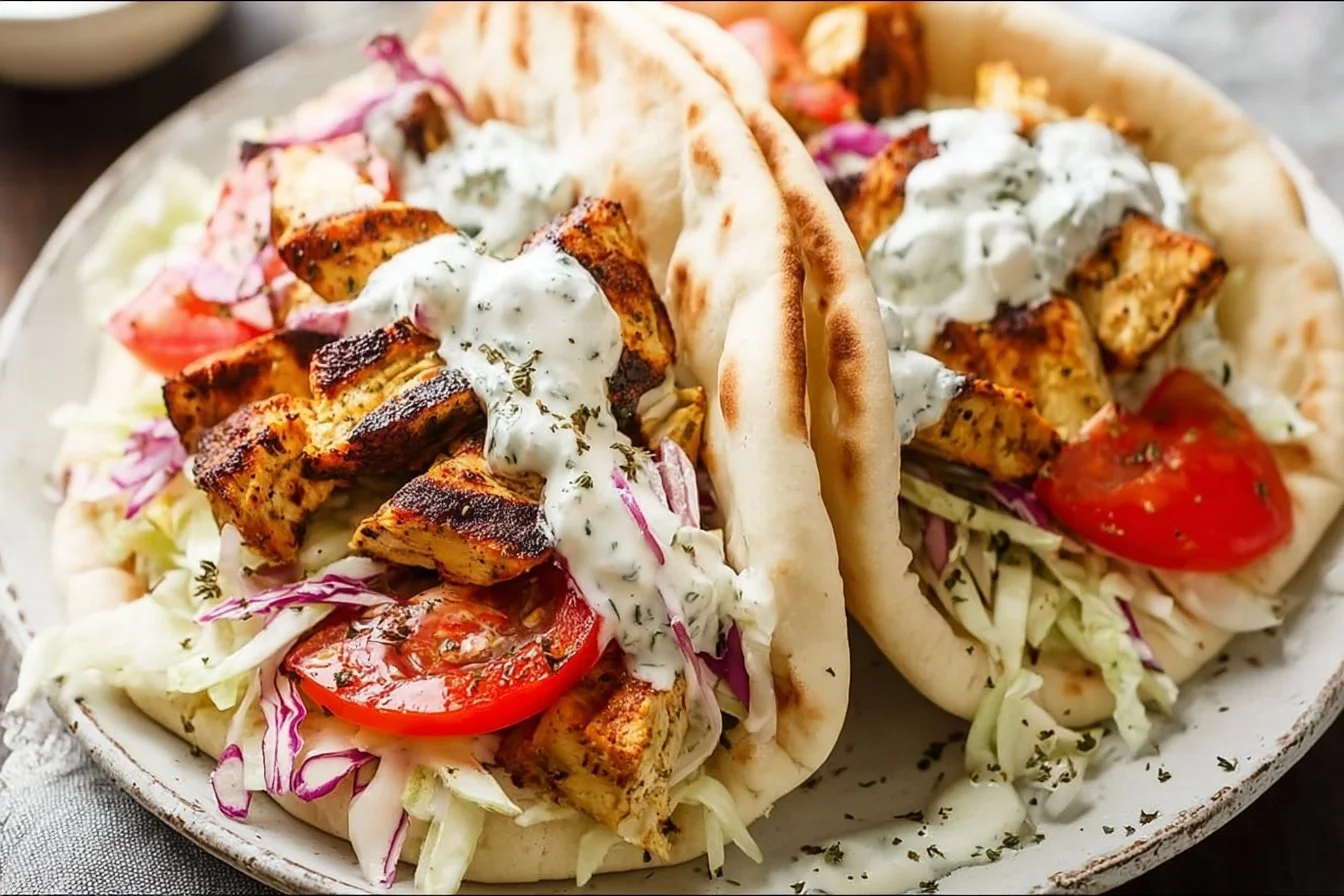 Delicious Greek chicken gyros with marinated chicken and fresh toppings in pita bread