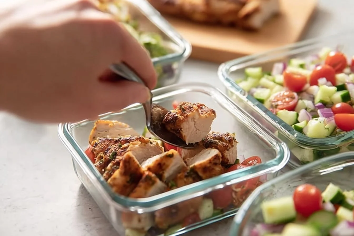 A fresh Greek Chicken Salad with grilled chicken, cucumbers, tomatoes, and olives