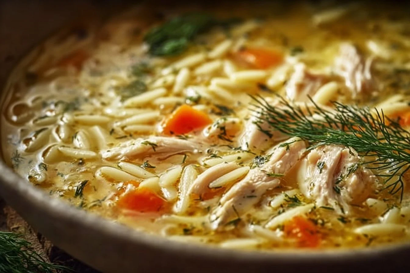 Bowl of Greek Lemon Chicken Soup garnished with fresh herbs.
