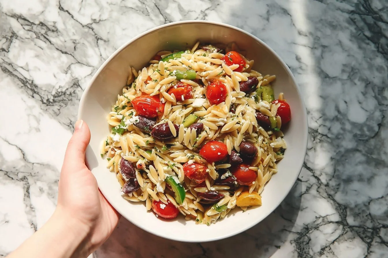 Colorful Greek Orzo Salad with fresh vegetables and herbs