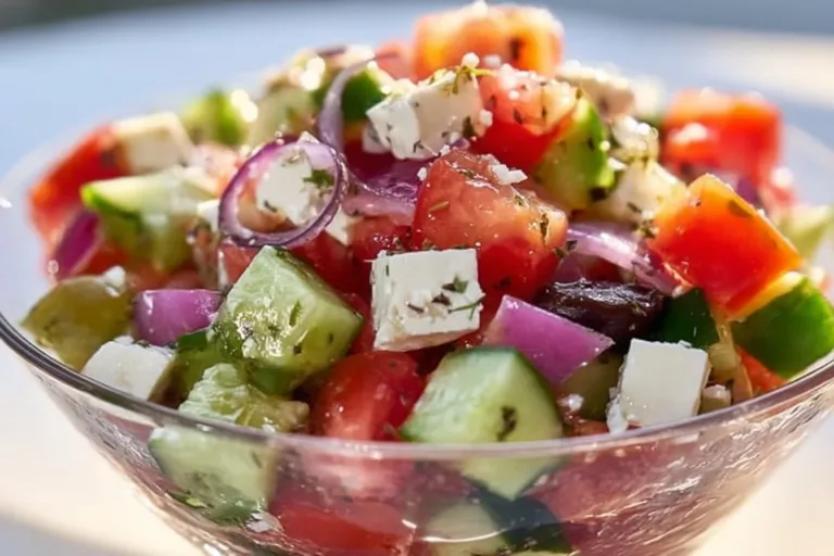 A colorful Greek salad with tomatoes, cucumbers, olives, feta cheese, and onion.