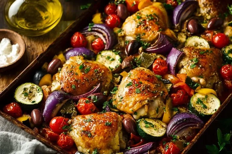 Greek Sheet Pan Chicken cooked with vibrant vegetables on a baking sheet