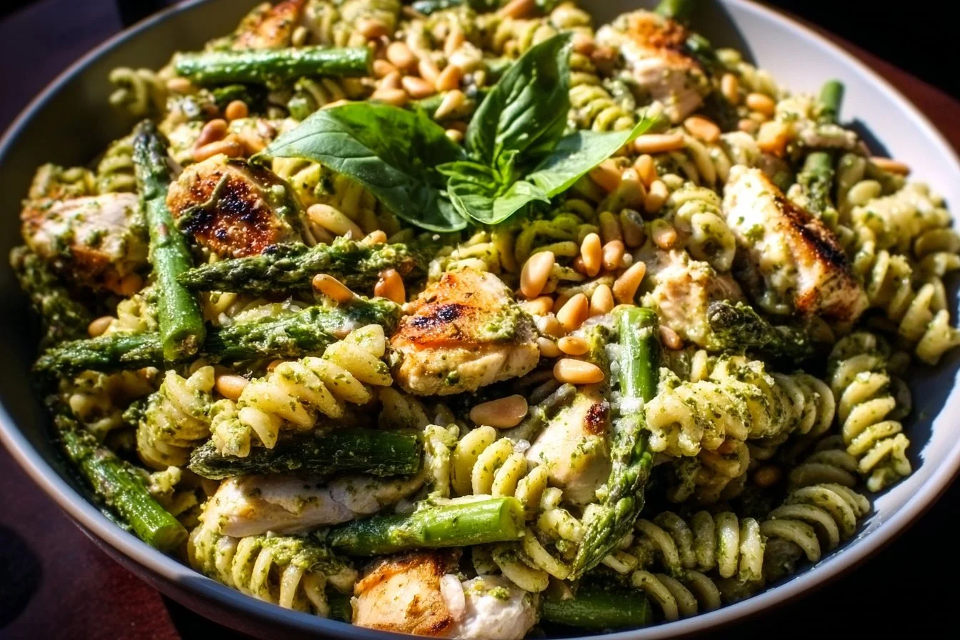 Grilled chicken and asparagus pesto pasta dish garnished with fresh herbs