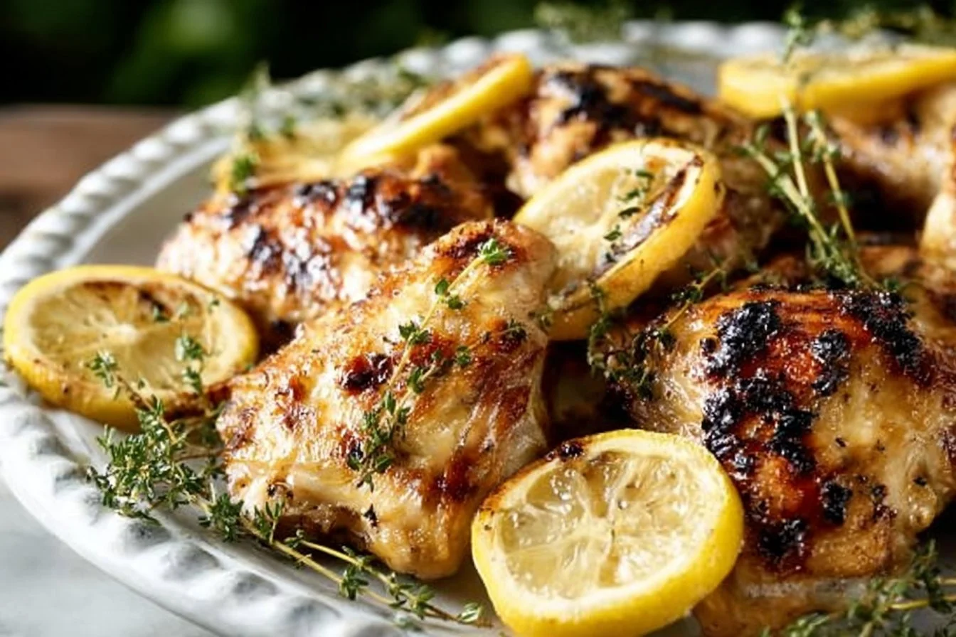 Grilled lemon chicken garnished with fresh herbs and lemon slices