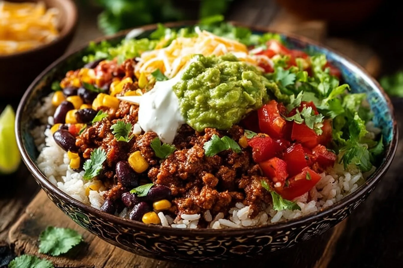 Delicious Ground Beef Burrito Bowl with fresh vegetables and toppings.