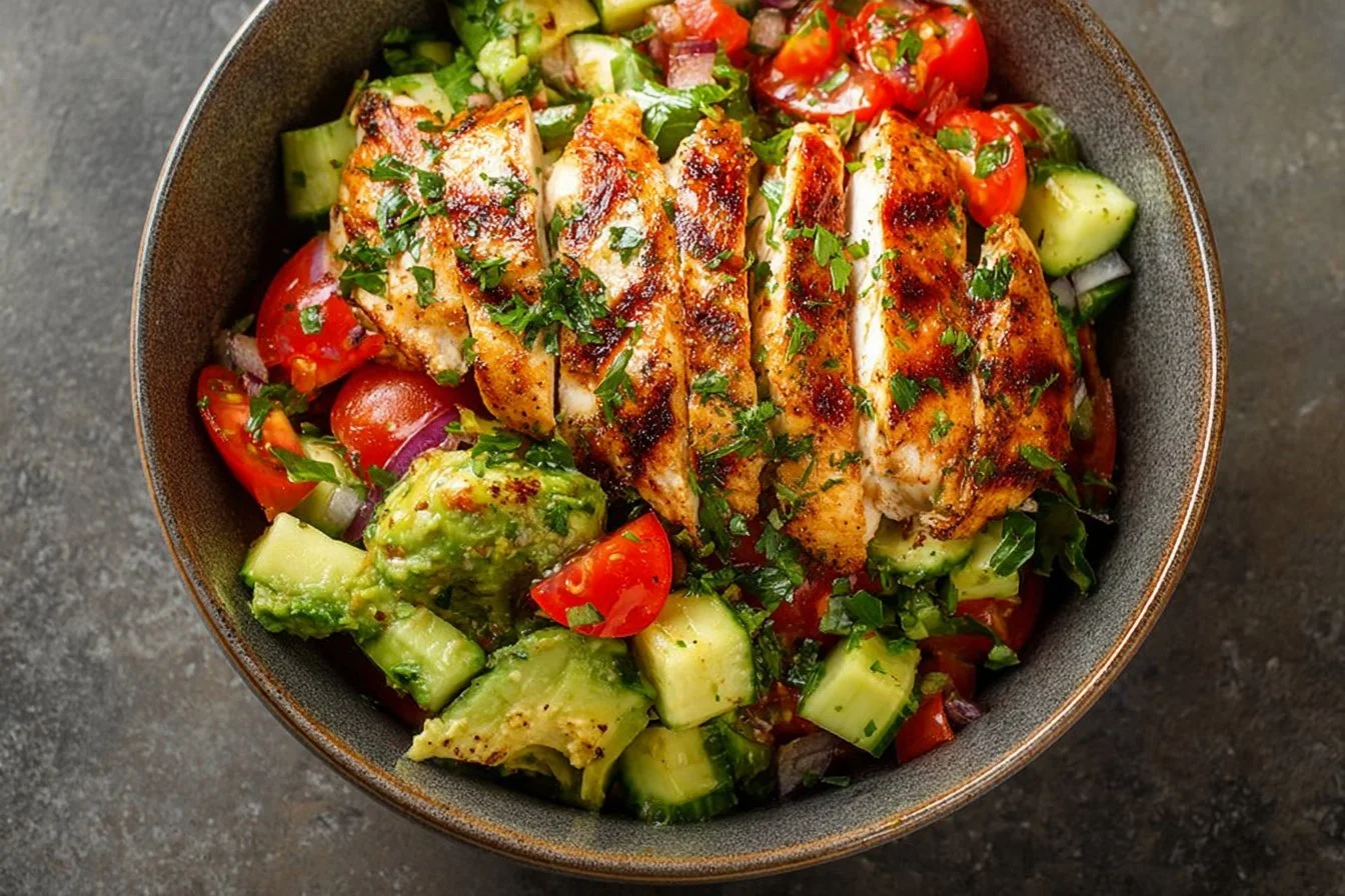 Healthy avocado chicken salad served in a bowl with fresh ingredients