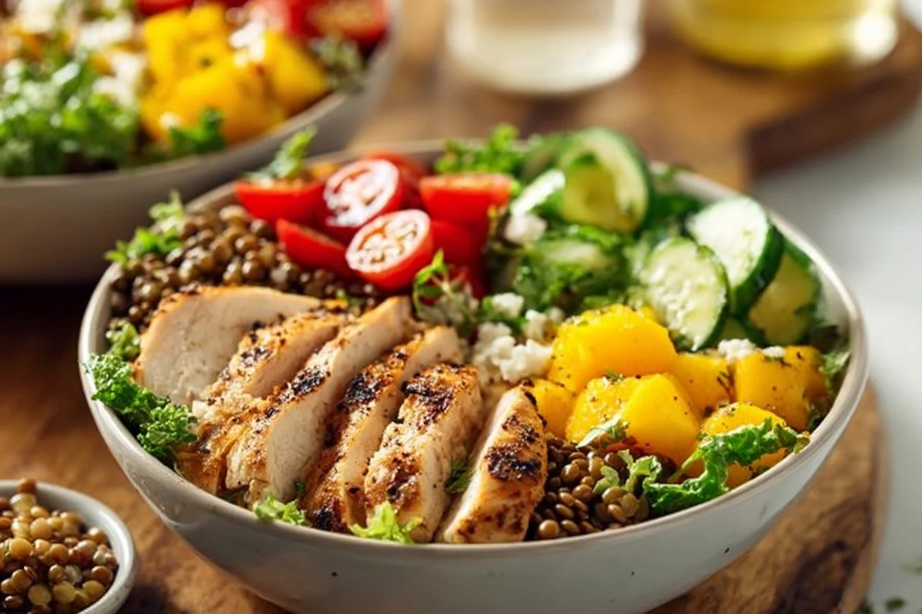 Healthy chicken bowls with fresh vegetables and nutritious ingredients