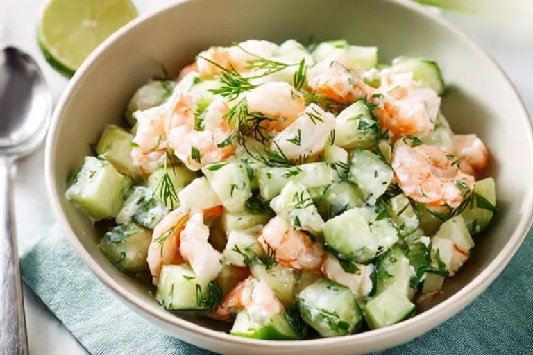 Healthy cucumber shrimp salad with fresh vegetables and herbs